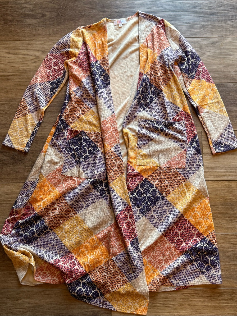 LuLaRoe Cream and Mustard Patterned Duster Cardigan